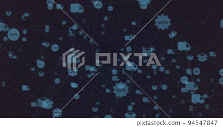 Image of network of connections over shopping icons Image of network of connections over shopping icons 94547847