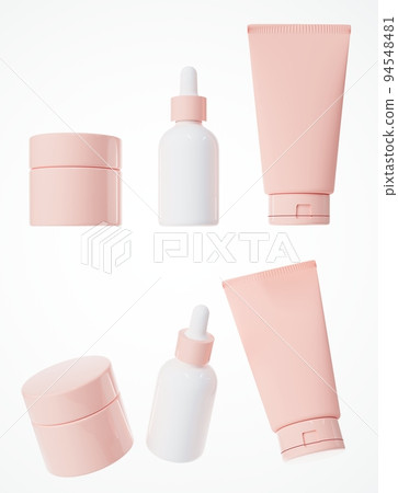 Different views of soft pink cream jar, serum dropper bottle and cosmetic tube, 3D render cosmetic product packaging isolated on white background Different views of soft pink cream jar, serum dropper bottle and cosmetic tube, 3D render cosmetic product packaging isolated on white background 94548481