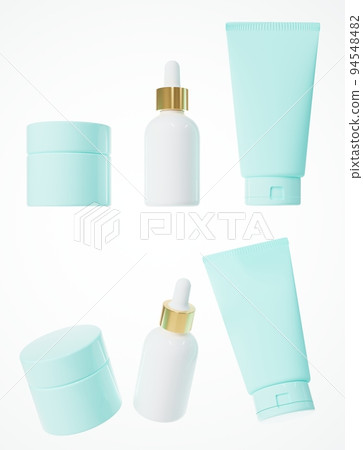 Different views of teal color cream jar, serum dropper bottle and cosmetic tube, 3D render cosmetic product packaging isolated on white background 94548482