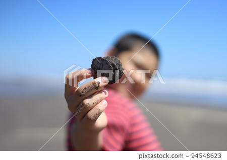 A boy proudly showing a seashell 94548623