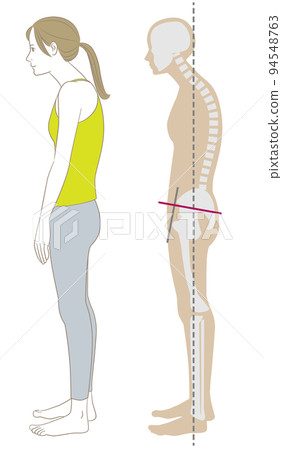 Sideways woman and skeleton standing in a stooped posture 94548763