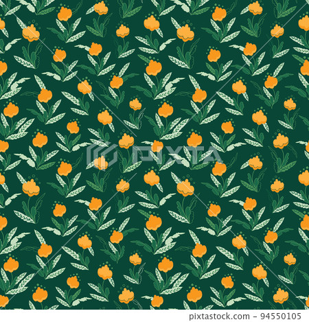 Cotton flowers plants field green vector seamless pattern with hand drawn elements. Great for fabric, textiles, cute tiny prints, clothing, wrapping and more 94550105