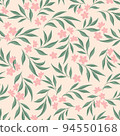 Pink pastel flowers green leaves twigs ditsy on light vector seamless surface pattern design with hand drawn elements.Great for girly fashion allover fabric print, clothing, textiles,wrapping and more 94550168