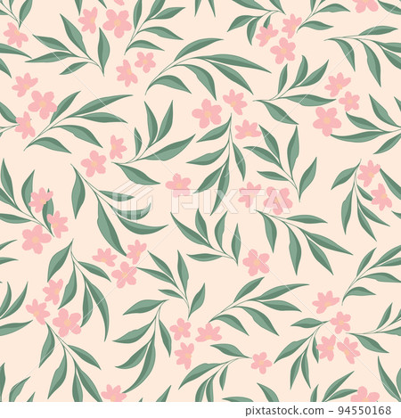 Pink pastel flowers green leaves twigs ditsy on light vector seamless surface pattern design with hand drawn elements.Great for girly fashion allover fabric print, clothing, textiles,wrapping and more 94550168