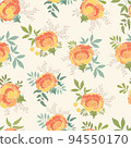 Colourful orange yellow peonies with green leaves on light ground vector seamless pattern design. Great for fabric, textiles, packaging, covers, walls, and more 94550170