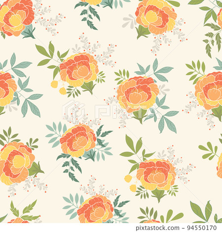 Colourful orange yellow peonies with green leaves on light ground vector seamless pattern design. Great for fabric, textiles, packaging, covers, walls, and more 94550170