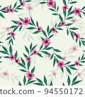 Pink purple daisies on random green leaves vines creative decorative vector seamless pattern design. Great for fabric pattern, textiles, packaging, wrapping, walls and more 94550172