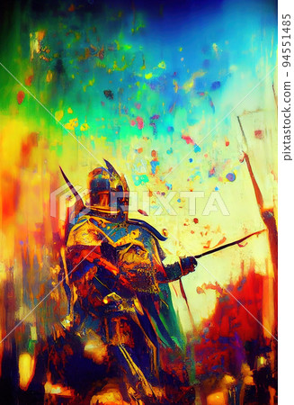 Colorful painting with a knight in armor. Knight in armor artistic illustration. Digital illustration. 94551485