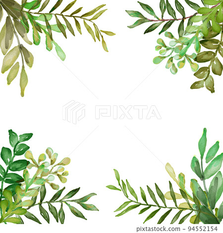 watercolor frame design Romantic bouquet. Card template, green leaf on white background. Watercolor illustration. watercolor frame design Romantic bouquet. Card template, green leaf on white background. Watercolor illustration. 94552154