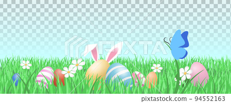 Easter eggs with bunny ears in a garden grass Easter eggs with bunny ears in a garden grass 94552163