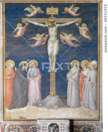 Crucifixion, fresco by Taddeo Gaddi, Sacristy in Basilica di Santa Croce (Basilica of the Holy Cross) - famous Franciscan church in Florence, Italy 94552458