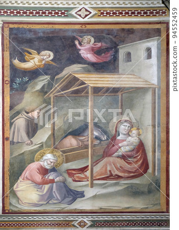Nativity of Jesus, fresco by Taddeo Gaddi (1295-1366),  Bandini Baroncelli Chapel in the Basilica di Santa Croce (Basilica of the Holy Cross) - famous Franciscan church in Florence, Italy 94552459