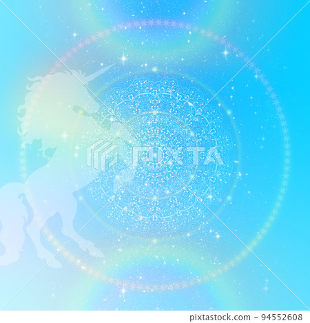 Illustration background material with a mandala in the center of turquoise blue and rainbow outer space and a pale silhouette unicorn Illustration background material with a mandala in the center of turquoise blue and rainbow outer space and a pale silhouette unicorn 94552608