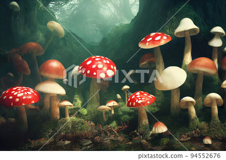Big dreamy fantasy mushrooms in magic forest. Hallucinogenic psilocybin-containing mushrooms grow in natural environment. 3D illustration 94552676