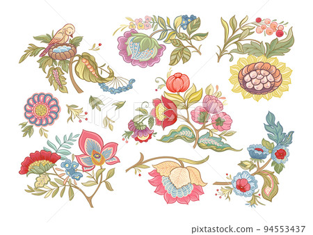 Fantasy flowers in retro, vintage, jacobean embroidery style. Elements for design. Fantasy flowers in retro, vintage, jacobean embroidery style. Elements for design. 94553437