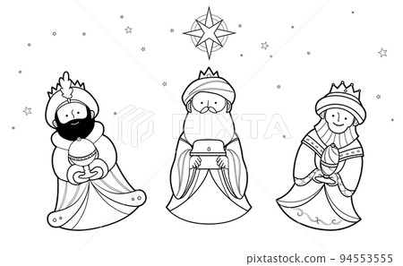 Three wise men cute cartoon outline illustration for coloring page 94553555