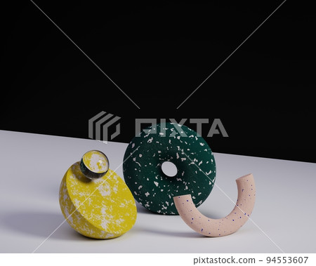 Geometric shapes interior. Trendy 3d render illustration for social media banners and promotion. Pastel colors primitives on background. Abstract composition in modern style. 94553607