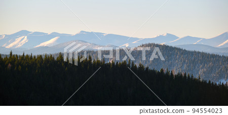 Panoramic mountain landscape with snowy high peaks and wooded valley Panoramic mountain landscape with snowy high peaks and wooded valley 94554023