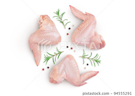 Raw chicken wings isolated on white background with full depth of field. Top view. Flat lay Raw chicken wings isolated on white background with full depth of field. Top view. Flat lay 94555291