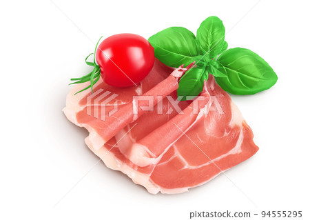 Italian prosciutto crudo or spanish jamon. Raw ham isolated on white background with full depth of field. Top view. Flat lay Italian prosciutto crudo or spanish jamon. Raw ham isolated on white background with full depth of field. Top view. Flat lay 94555295