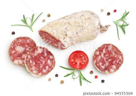 Cured salami sausage slices isolated on white background. Italian cuisine with full depth of field. Top view. Flat lay. 94555304