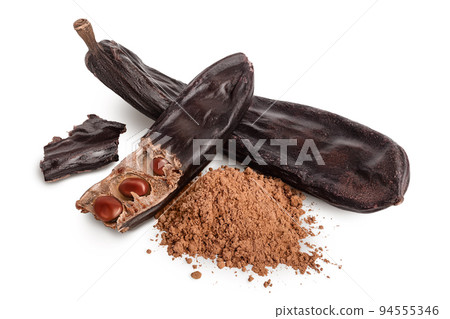 Carob pod and powder isolated on white background with full depth of field. Carob pod and powder isolated on white background with full depth of field. 94555346