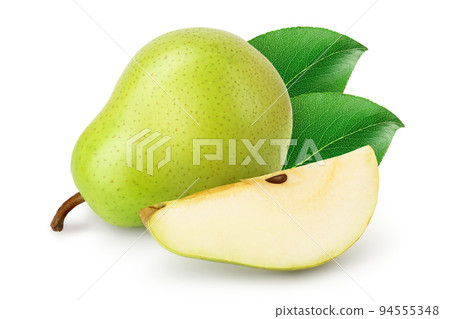 Green pear fruit with slices isolated on white background with full depth of field 94555348