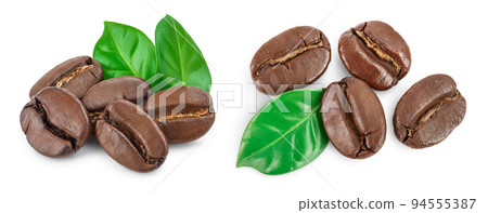 Heap of roasted coffee beans with leaves isolated on white background. Heap of roasted coffee beans with leaves isolated on white background. 94555387