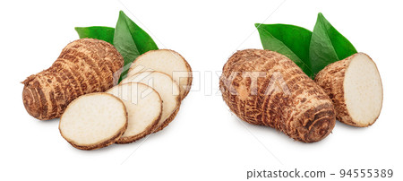 fresh taro root sliced with leaf isolated on white background fresh taro root sliced with leaf isolated on white background 94555389