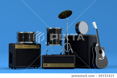 Set of electric acoustic guitars, amplifiers and drums with metal cymbal on blue 94555425