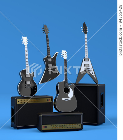 Set of electric acoustic guitars and amplifiers on blue background Set of electric acoustic guitars and amplifiers on blue background 94555428