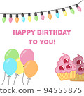 Birthday cute hand drawn postcard with cute cupcake, baloons and colorful lights. Greeting card template with pink text Happy birthday to you. White background isolated vector illustration in cartoon 94555875