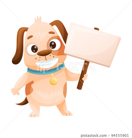 Cute Dog with Collar Holding Empty Banner or Signboard on Pole Vector Illustration Cute Dog with Collar Holding Empty Banner or Signboard on Pole Vector Illustration 94555901