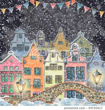 Cute European houses with bridges on a background of dark sky and snow, decorated with garlands with flags. Watercolor illustration. For decoration and design of New Year, Christmas, winter. 94556823