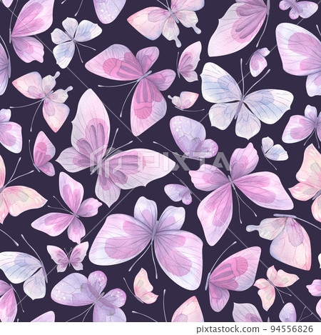 Delicate, lilac and purple butterflies on a dark background. Watercolor illustration. Seamless pattern. For fabric, textiles, wallpaper, covers, prints, clothing, children's and women's, bed linen. Delicate, lilac and purple butterflies on a dark background. Watercolor illustration. Seamless pattern. For fabric, textiles, wallpaper, covers, prints, clothing, children's and women's, bed linen. 94556826