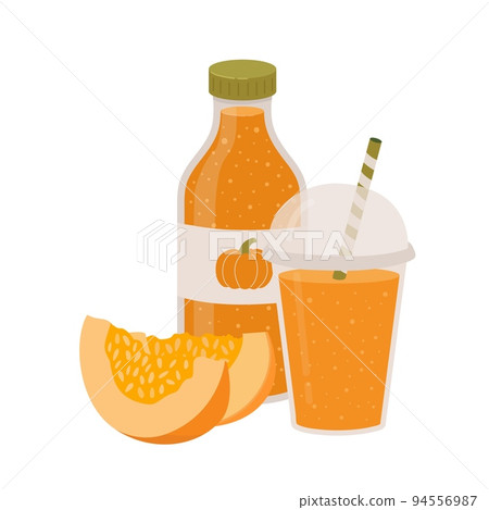 Jar and glass with pumpkin smoothie isolated on white background. Vector illustration of organic vegetable drink. Jar and glass with pumpkin smoothie isolated on white background. Vector illustration of organic vegetable drink. 94556987