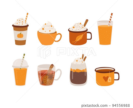Set of different autumn and winter drinks vector illustration. Hand drawn cup with cappucino, pumpkin latte, hot chocolate, cacao, smoothie, juice, tea, mulled wine isolated on white background. Set of different autumn and winter drinks vector illustration. Hand drawn cup with cappucino, pumpkin latte, hot chocolate, cacao, smoothie, juice, tea, mulled wine isolated on white background. 94556988