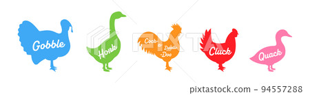 Farm animal silhouettes with hand draw lettering. Gobble, Honk, Cock-a-doodle-doo, Cluck, Quack - animals voice lettering. Farm animals silhouettes 94557288