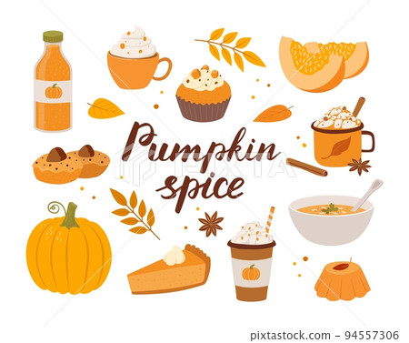 Set of pumpkin spice seasonal flavored products, coffee, latte, cake, soup, smoothie. Autumn food and drinks isolated on white background. Collection of tasty sweet desserts. 94557306
