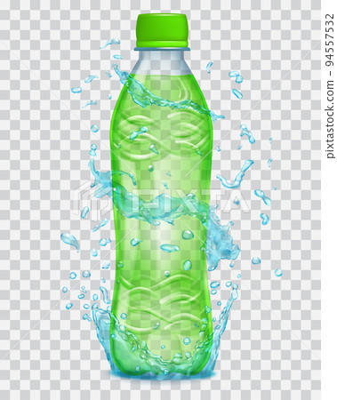 Transparent water splashes in blue colors around a transparent plastic bottle with green juice 94557532