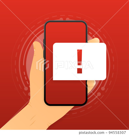 Virus Alert. Hand holding an infected smartphone. Mobile security concept. Vector illustration. Virus Alert. Hand holding an infected smartphone. Mobile security concept. Vector illustration. 94558307