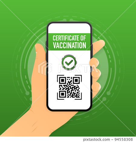Hand holding smartphone with Certificate of Vaccination. Mobile health care concept. Vector illustration. Hand holding smartphone with Certificate of Vaccination. Mobile health care concept. Vector illustration. 94558308