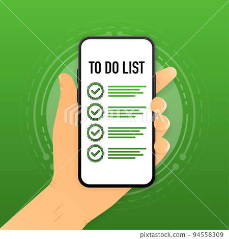 Hand holding smartphone with To Do List. Mobile concentration in progress concept. Vector illustration. Hand holding smartphone with To Do List. Mobile concentration in progress concept. Vector illustration. 94558309