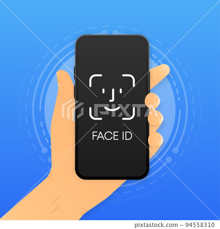 Hand holding smartphone with face recognition. Mobile face id concept. Vector illustration. Hand holding smartphone with face recognition. Mobile face id concept. Vector illustration. 94558310