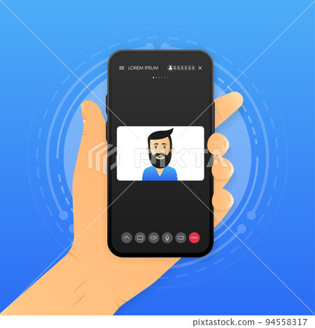 Hand holding smartphone with Video Call. Mobile speaking in video chat concept. Vector illustration. Hand holding smartphone with Video Call. Mobile speaking in video chat concept. Vector illustration. 94558317