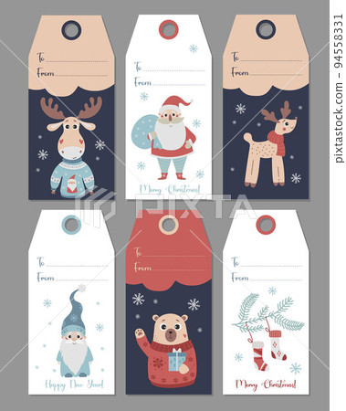 Christmas gift tags. Card labels with cute characters Santa Claus, gnome and bear, elk, deer in christmas sweater. Vector vertical design templates. Xmas and New 2023 Year celebration preparation. 94558331