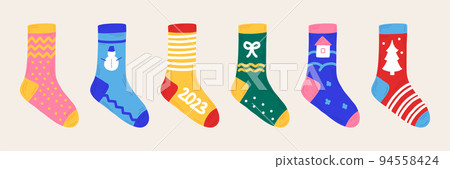 New Year set Christmas socks hand drawn style. Isolated stickers, elements for the design of brochures, invitations. 94558424