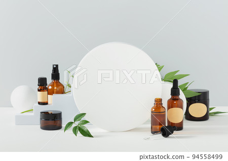 Abstract background with various geometrical forms and podiums in pastel color for product presentation 94558499