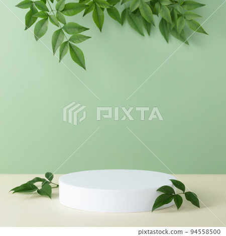 Abstract empty white podium with palm leaves on beige background Abstract empty white podium with palm leaves on beige background 94558500