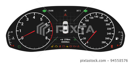 Car digital dashboard speedometer display fuel panel. Car cluster dashboard panel vector design 94558576